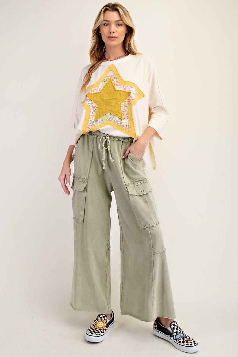 E34 Easel Feeling Good Faded Olive Green Mineral Wash Wide Leg Cargo Pants