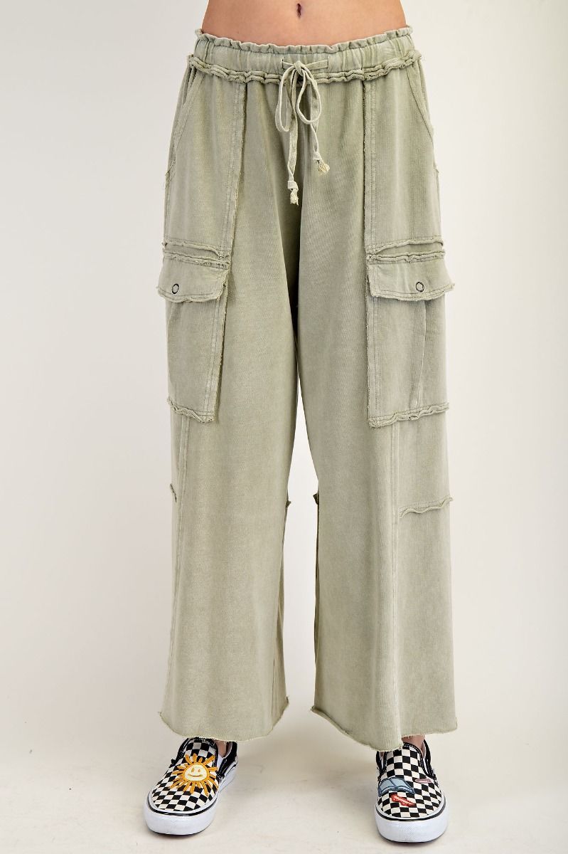 E34 Easel Feeling Good Faded Olive Green Mineral Wash Wide Leg Cargo Pants