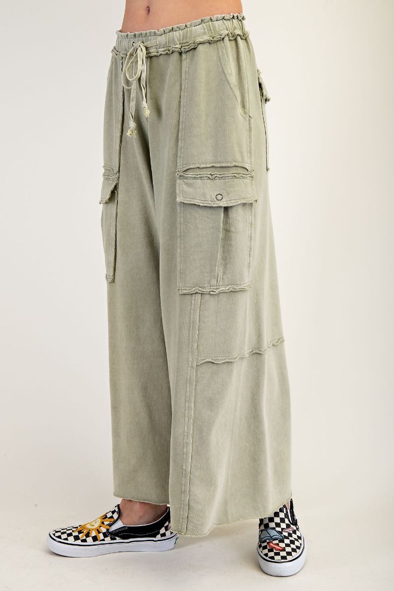 E34 Easel Feeling Good Faded Olive Green Mineral Wash Wide Leg Cargo Pants