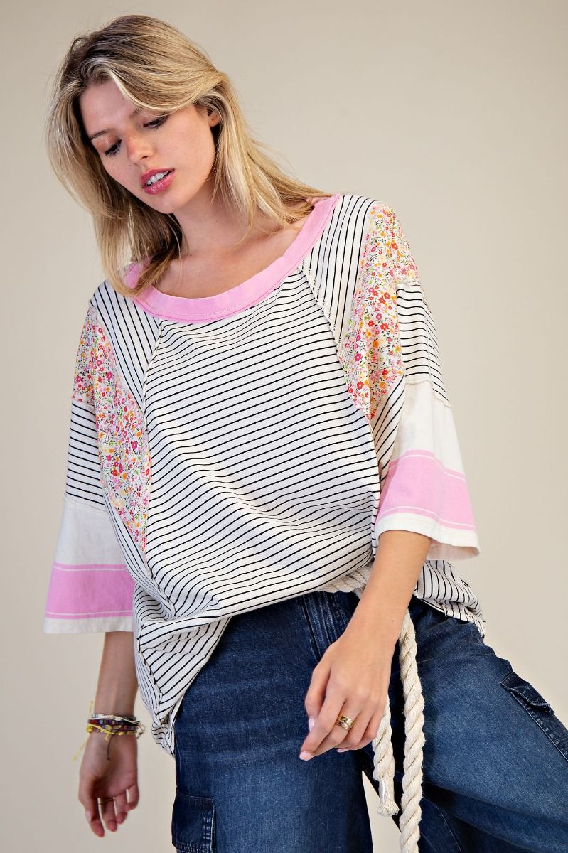 E36 Easel Striped Mix Print Mineral Washed Oat and Black with Pink Knit Top Regular and Plus