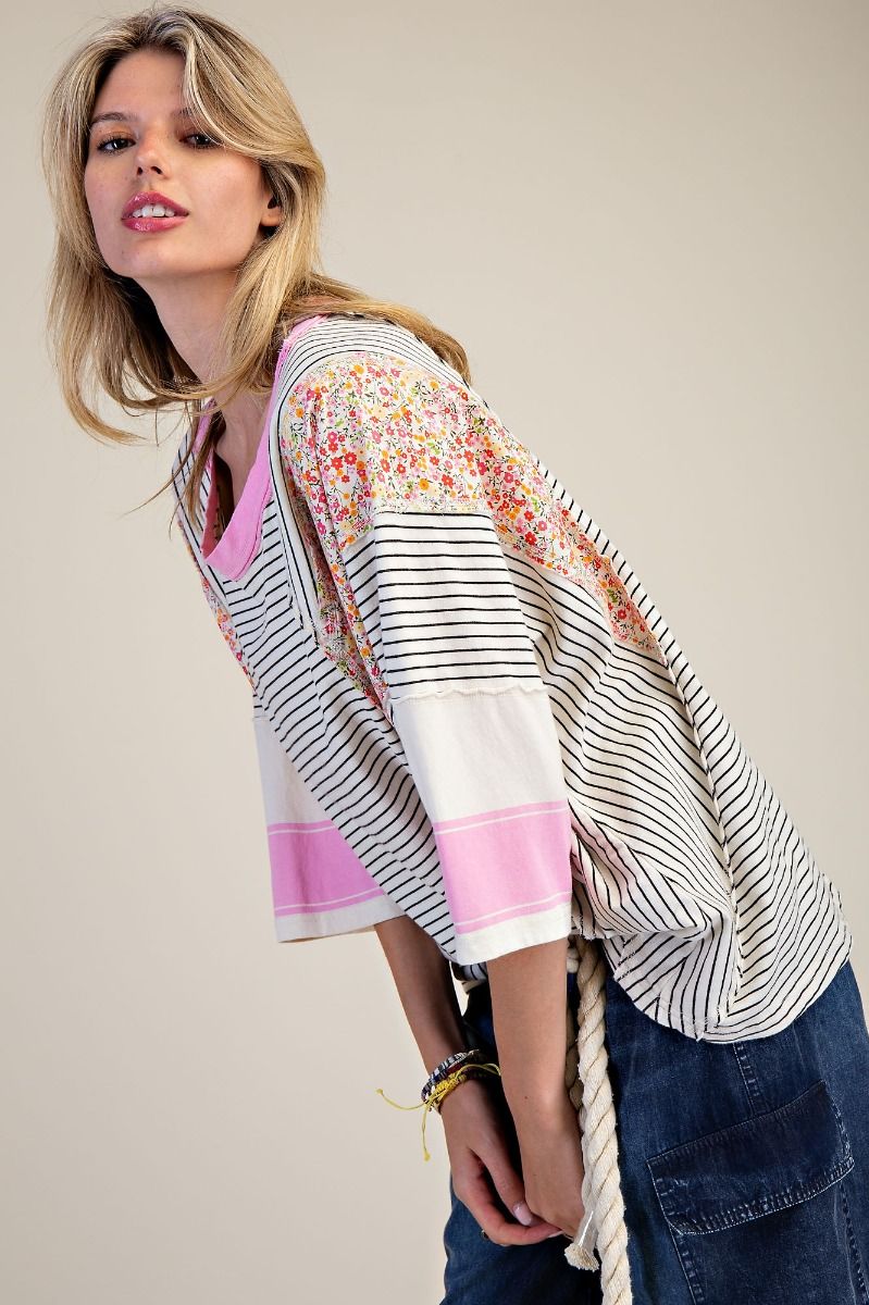 E36 Easel Striped Mix Print Mineral Washed Oat and Black with Pink Knit Top Regular and Plus