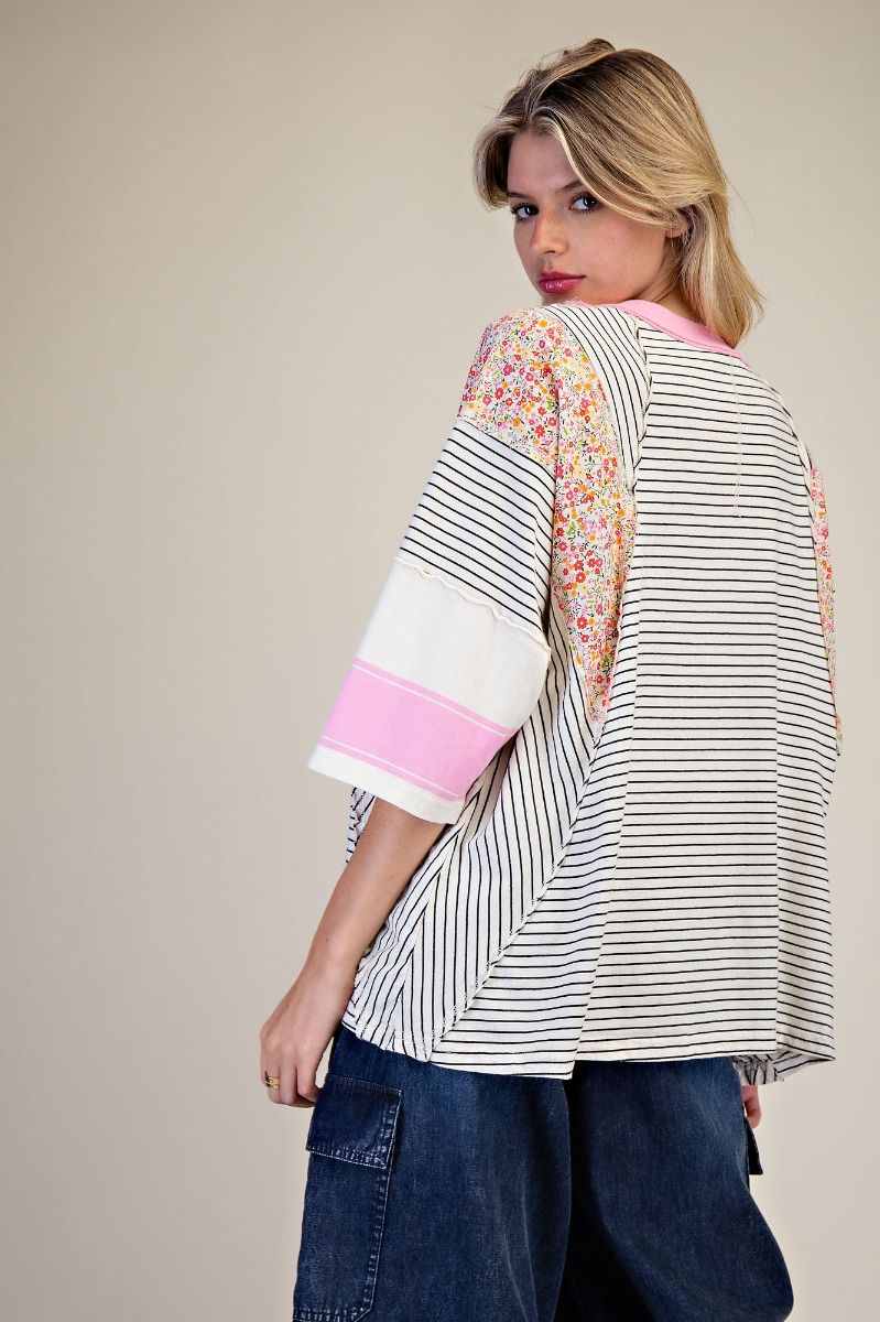 E36 Easel Striped Mix Print Mineral Washed Oat and Black with Pink Knit Top Regular and Plus