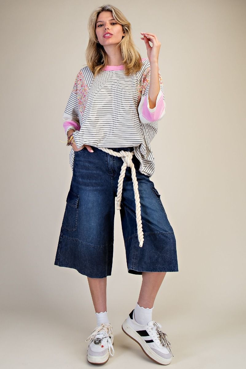 E36 Easel Striped Mix Print Mineral Washed Oat and Black with Pink Knit Top Regular and Plus