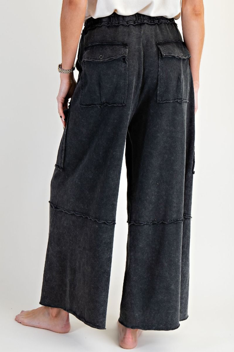 E37 Easel Feeling Good Black Mineral Wash Wide Leg Cargo Pants Plus