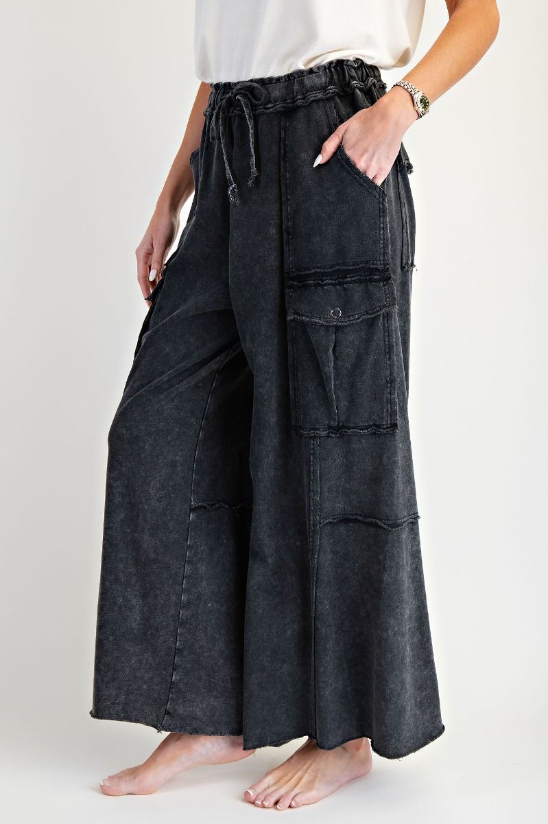 E37 Easel Feeling Good Black Mineral Wash Wide Leg Cargo Pants Plus