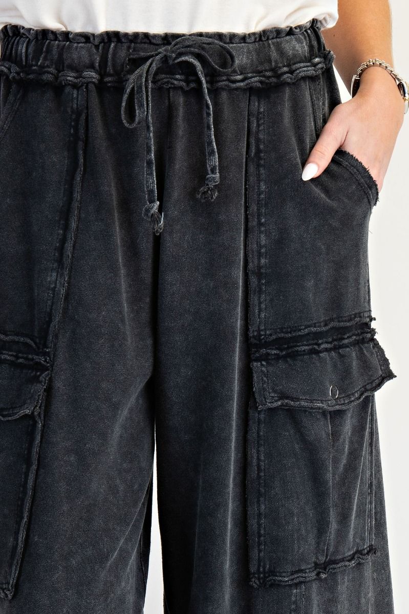 E37 Easel Feeling Good Black Mineral Wash Wide Leg Cargo Pants Plus