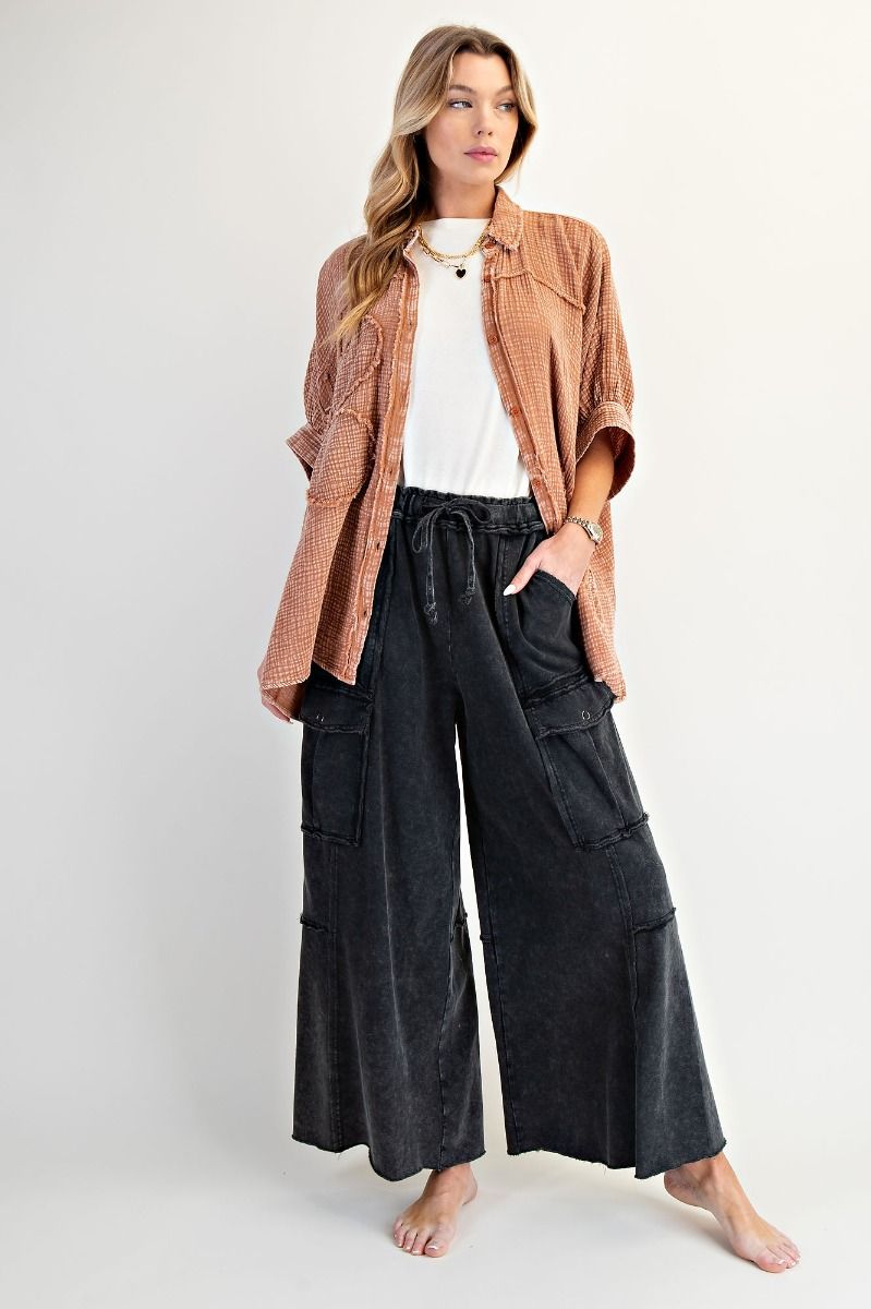 E37 Easel Feeling Good Black Mineral Wash Wide Leg Cargo Pants Plus