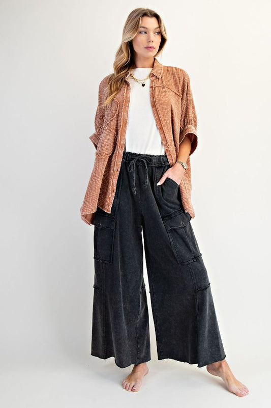 E37 Easel Feeling Good Black Mineral Wash Wide Leg Cargo Pants Plus