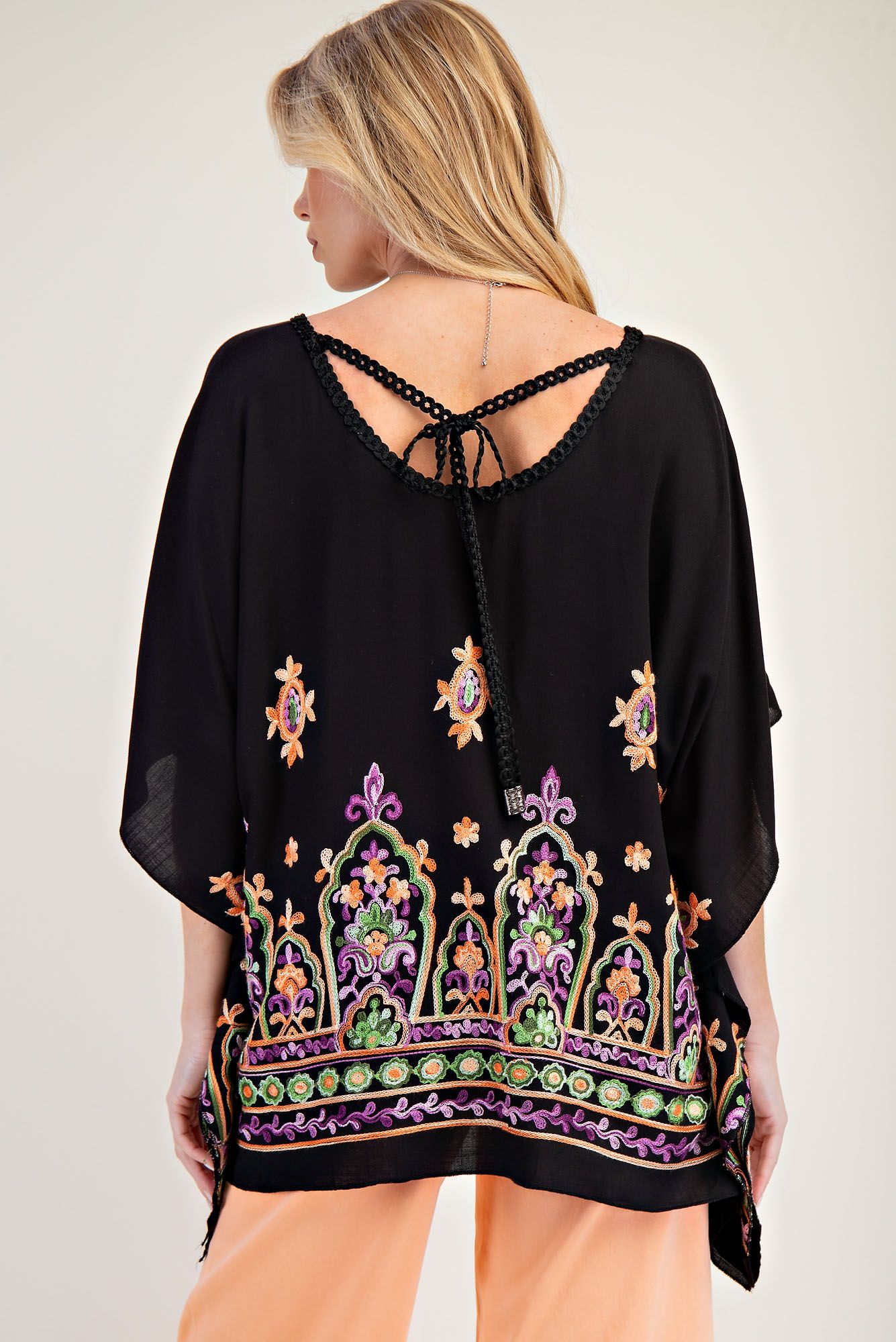 E39 Easel Embroidered Rayon Challis Poncho Tunic