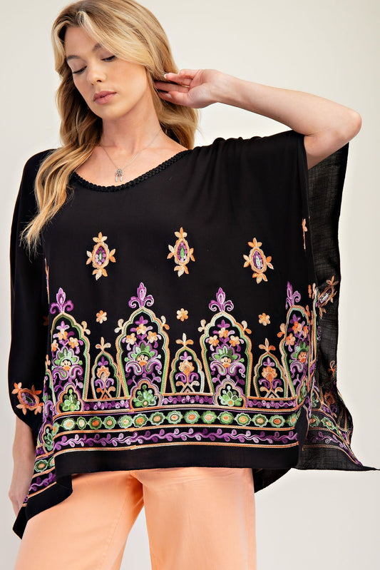 E39 Easel Embroidered Rayon Challis Poncho Tunic