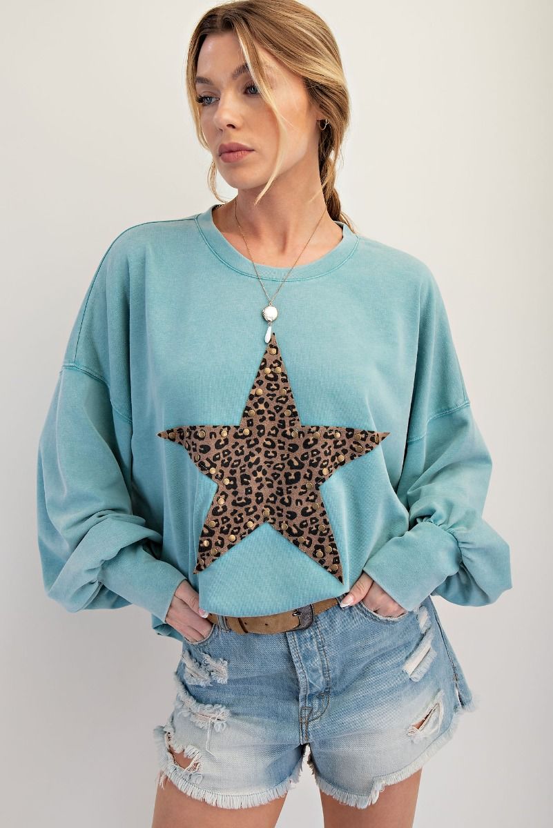 E3 Easel Teal Leopard Star Long Sleeve Mineral Washed Top