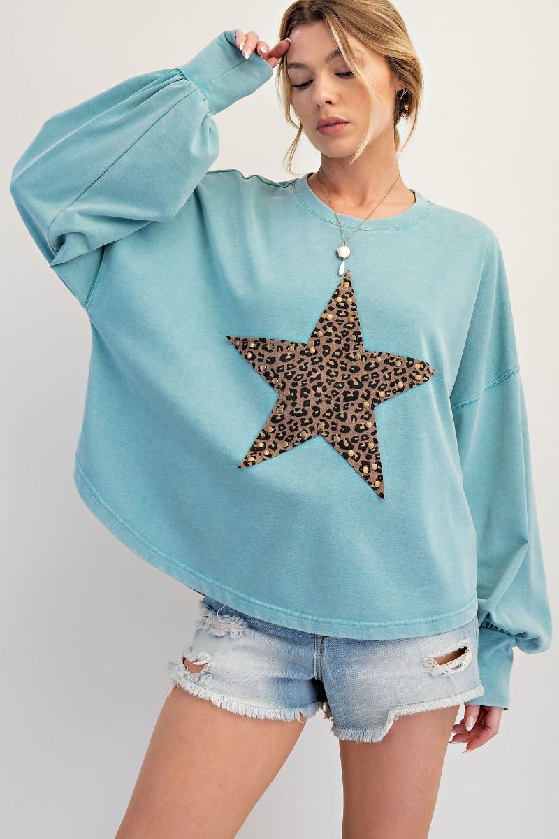 E3 Easel Teal Leopard Star Long Sleeve Mineral Washed Top