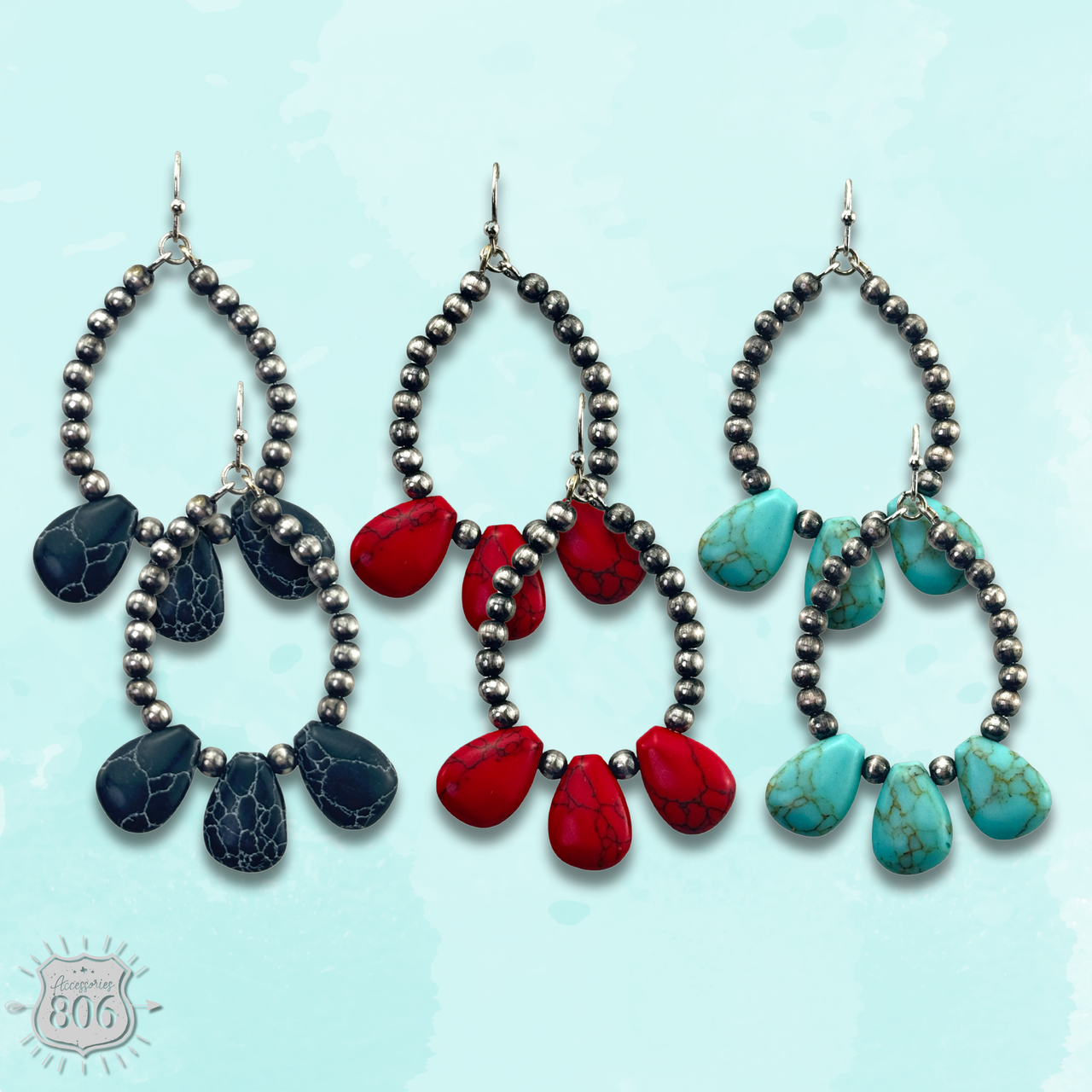 Burnished bead and stone teardrop earring - LC