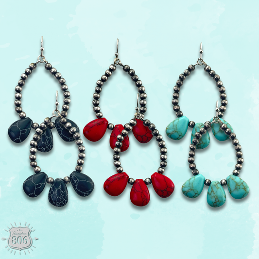 Burnished bead and stone teardrop earring - LC