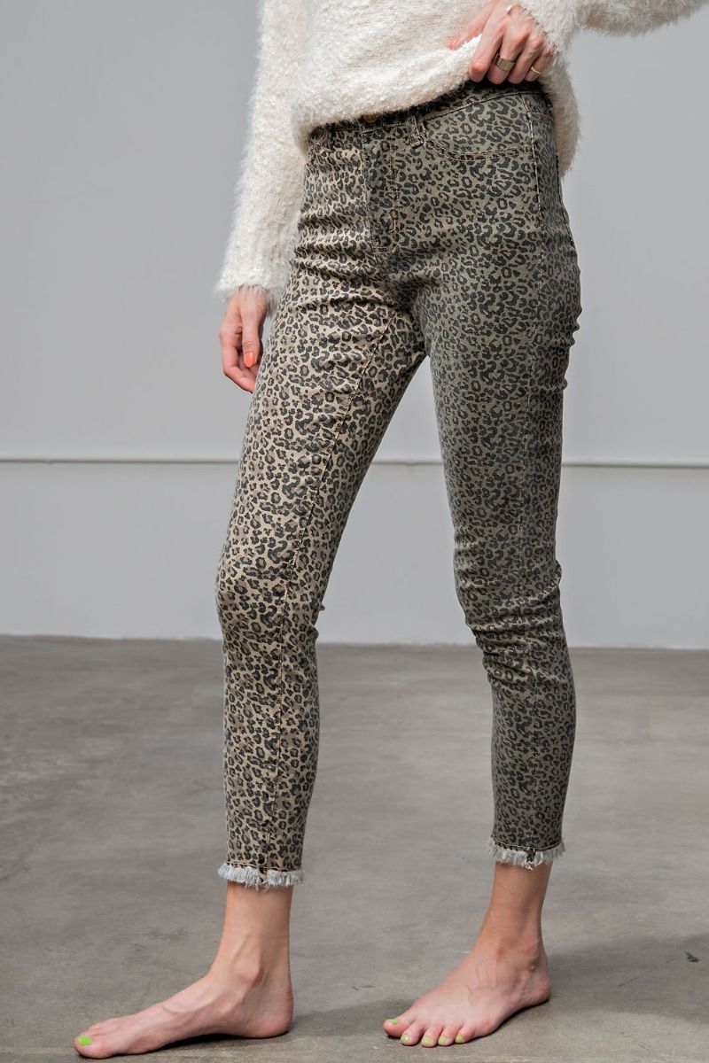E7 Unique Easel Khaki Olive Green Leopard Skinny Jeans Frayed Hem
