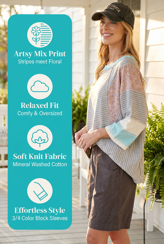 E38 Easel Striped Mix Print Mineral Washed Heather Gray with Aqua Knit Top Plus
