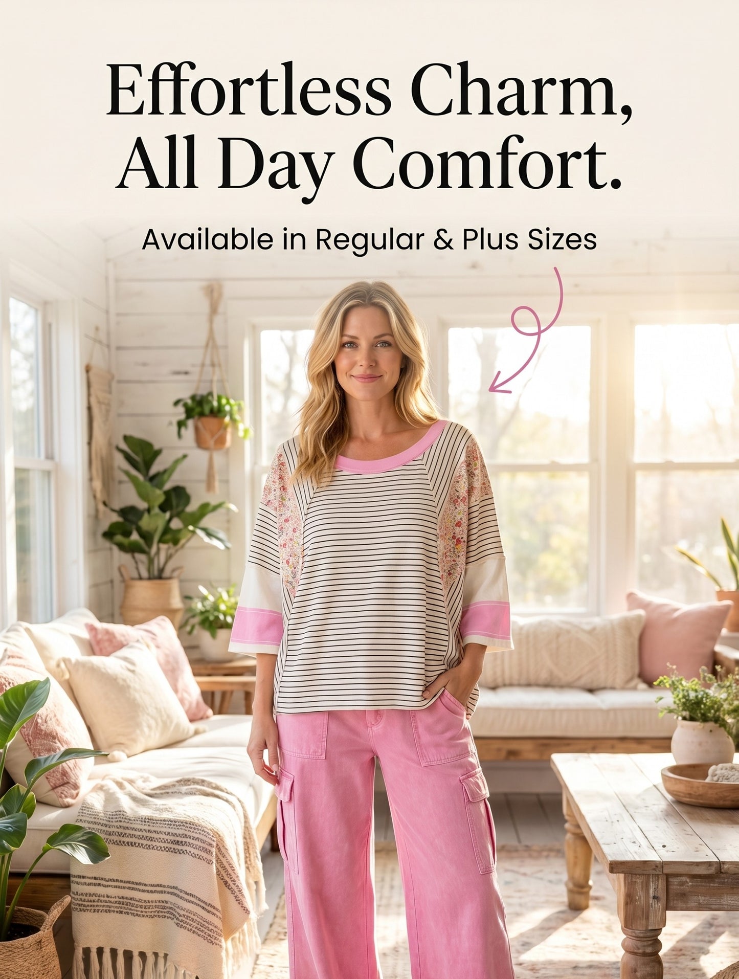 E36 Easel Striped Mix Print Mineral Washed Oat and Black with Pink Knit Top Regular and Plus
