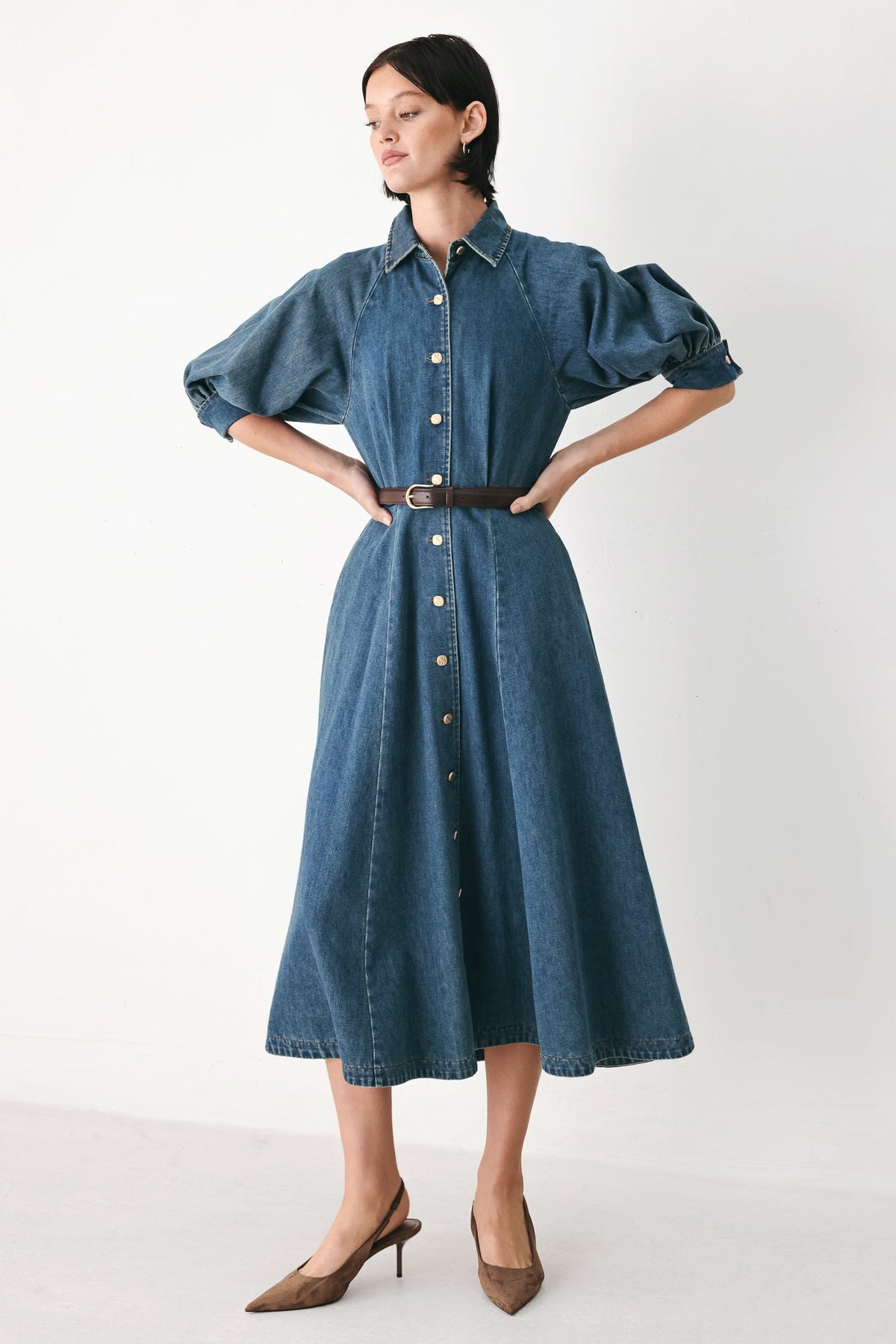 DIVIDE AND CONTOUR DENIM MIDI DRESS