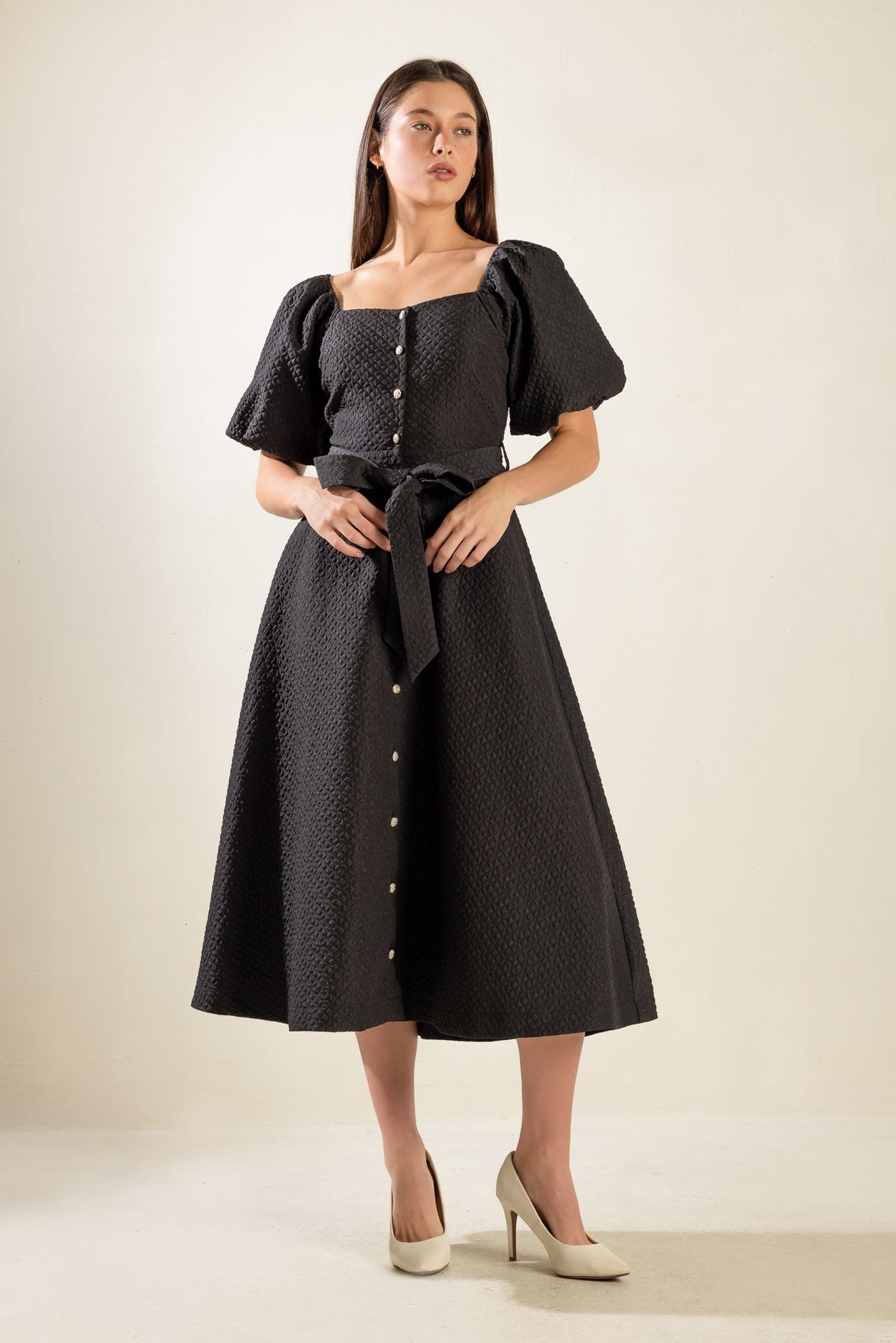 NOIR HERITAGE BLACK TEXTURED BUTTON-FRONT BELTED MIDI DRESS
