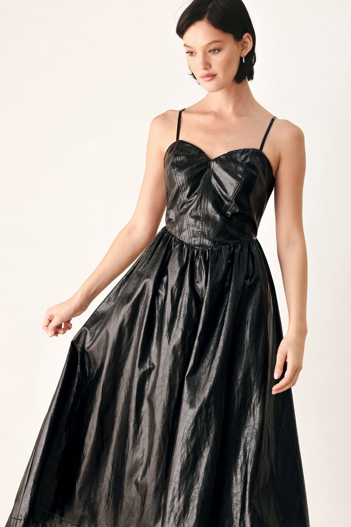 DRESSED TO THRILL FAUX LEATHER MIDI DRESS