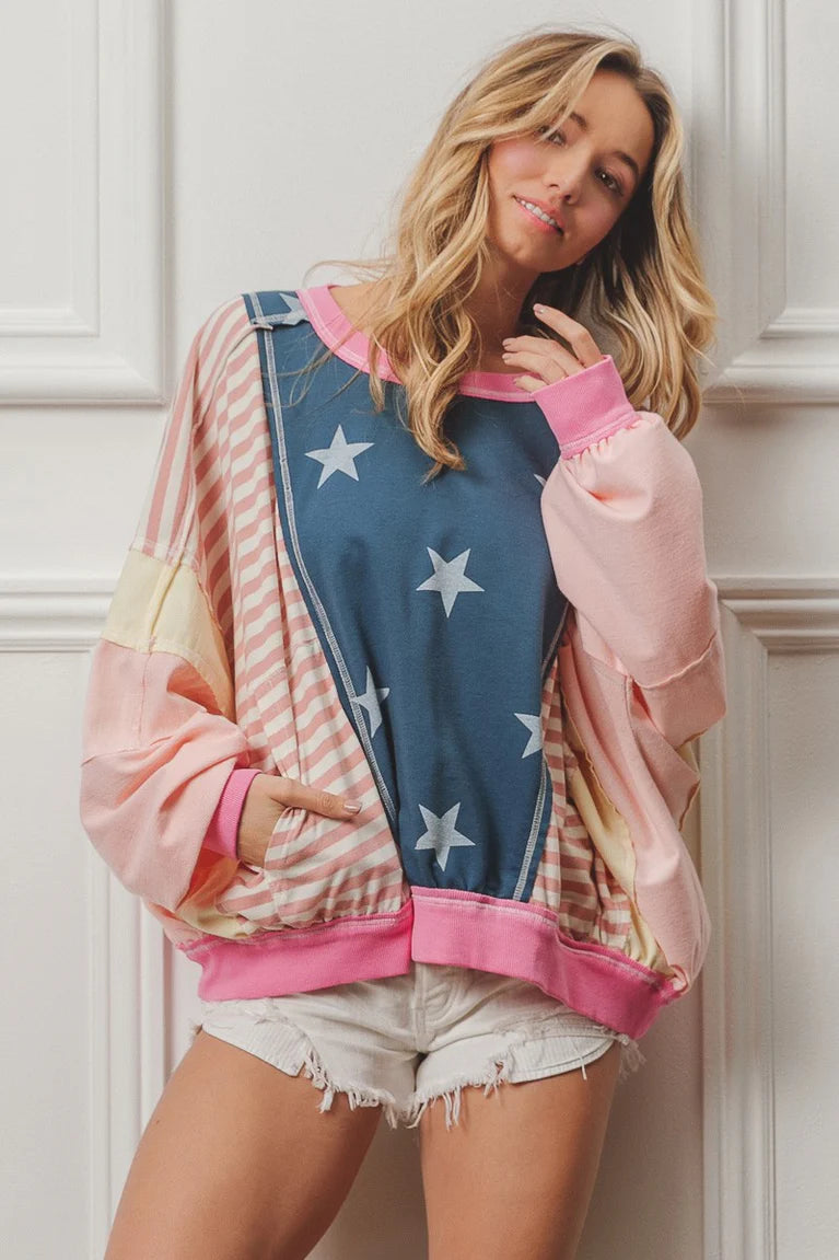 B6 - BiBi Stars and Stripes Round Neck Long Sleeve Top