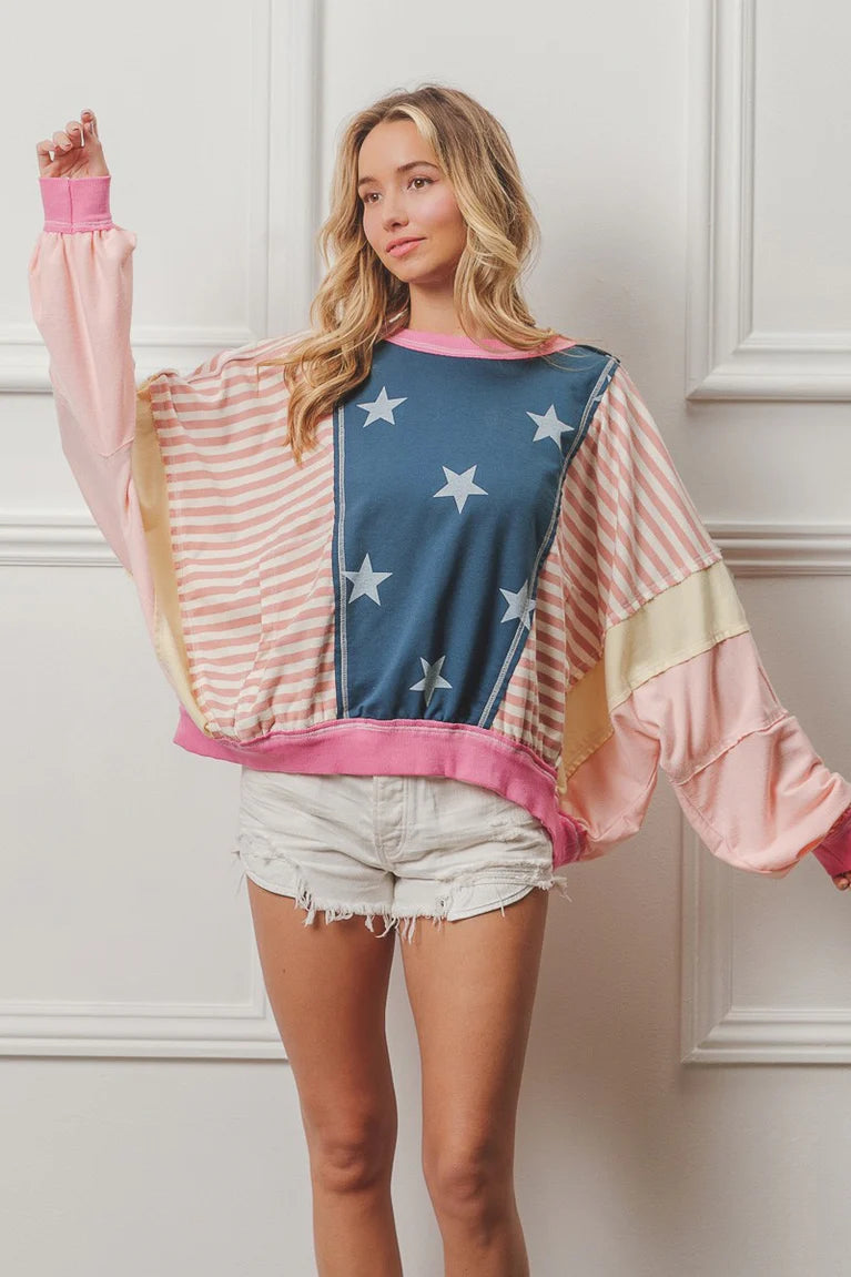 B6 - BiBi Stars and Stripes Round Neck Long Sleeve Top