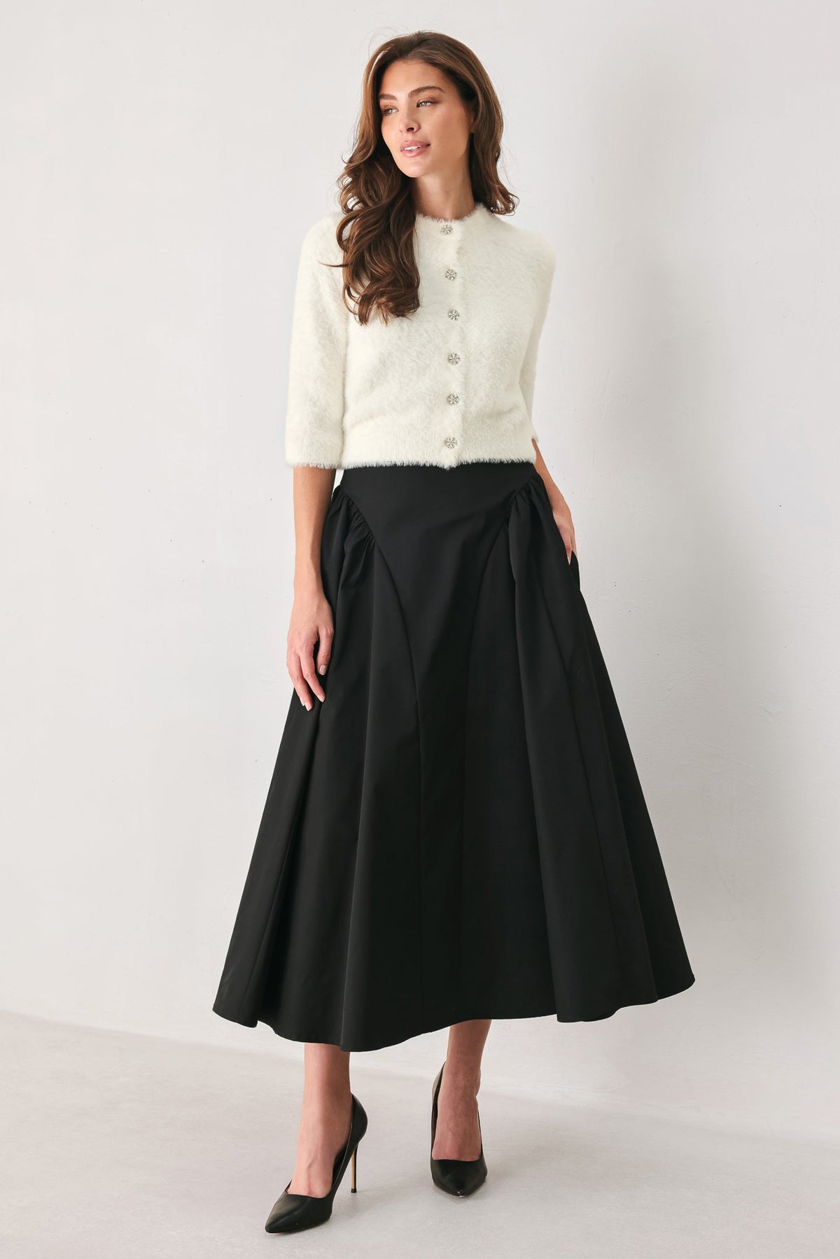 SCULPTED NOIR SHIRRED MIDI SKIRT