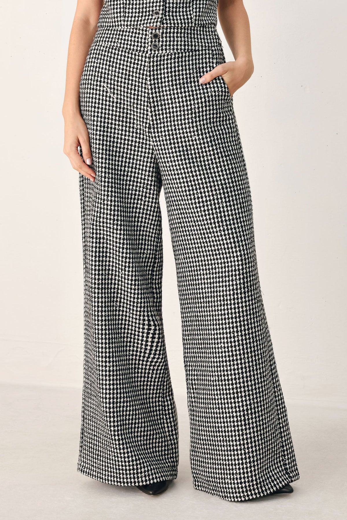 CHECKED IN SPARKLE HOUNDSTOOTH WIDE LEG PANTS