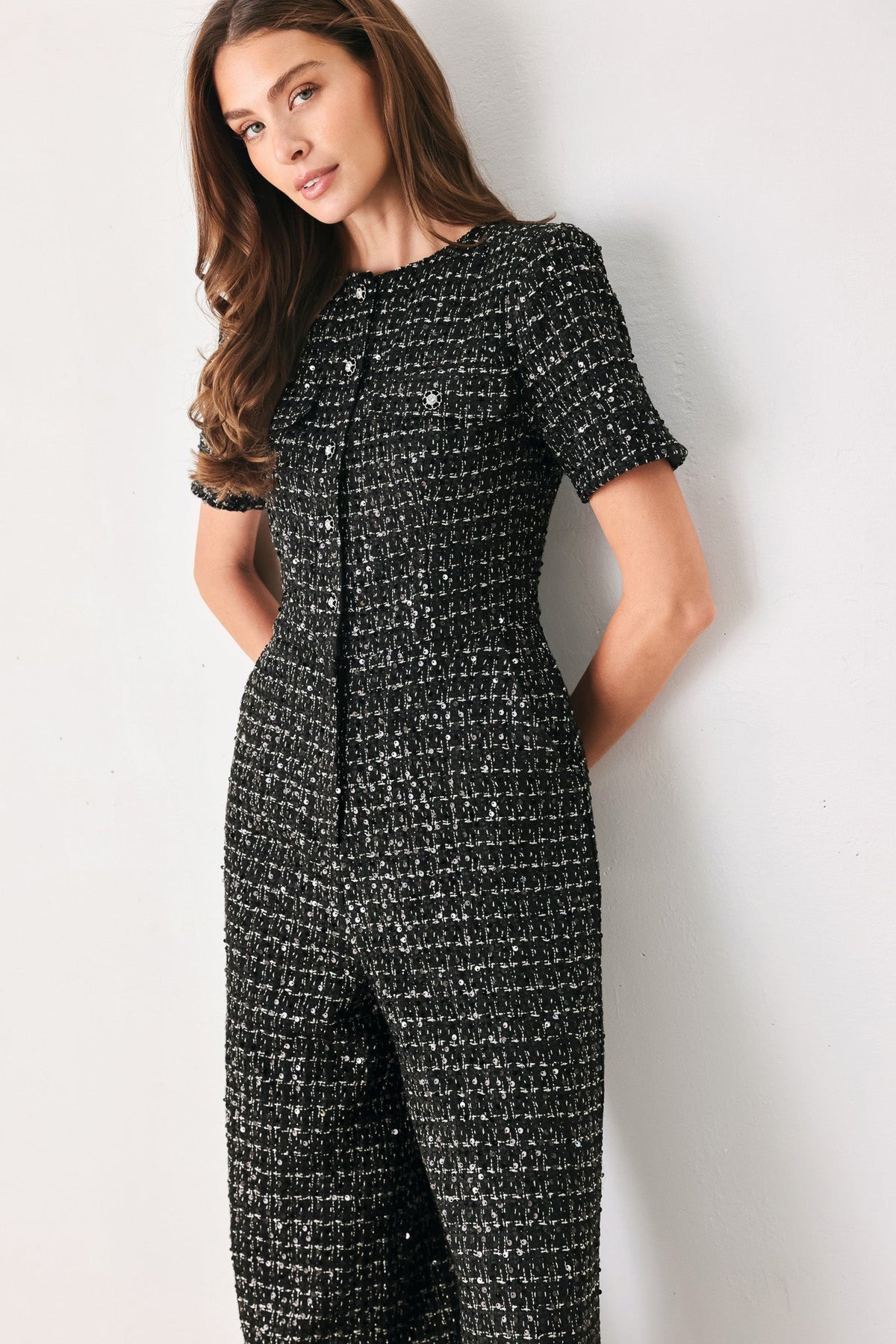 MIDNIGHT TWEED BLACK SEQUIN WIDE-LEG JUMPSUIT