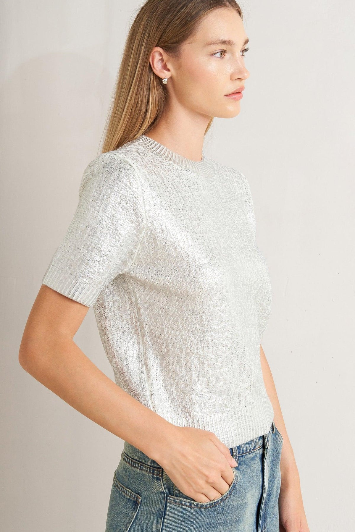 MOONLIT SHIMMER SILVER FOIL SHORT-SLEEVE SWEATER TOP