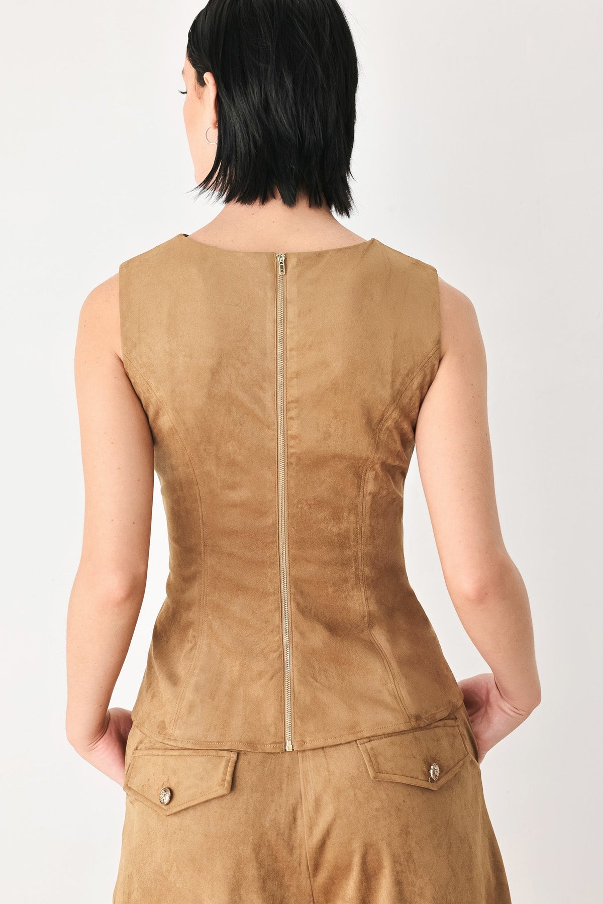 DESERT MOD CAMEL FAUX SUEDE SLEEVELESS TOP