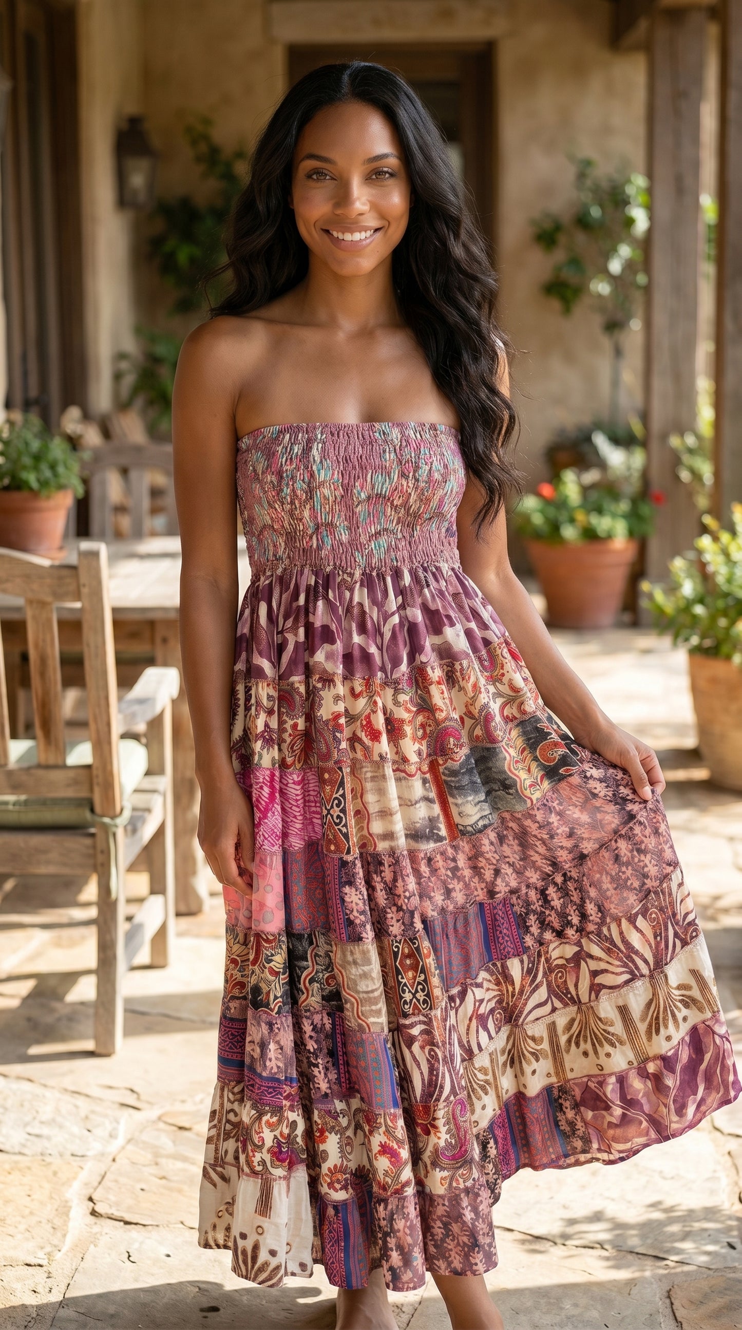 KH1 Karma Highway Bright Multicolor Patchwork Tiered Boho Maxi Skirt Pull on Smocked Waist Plus Size