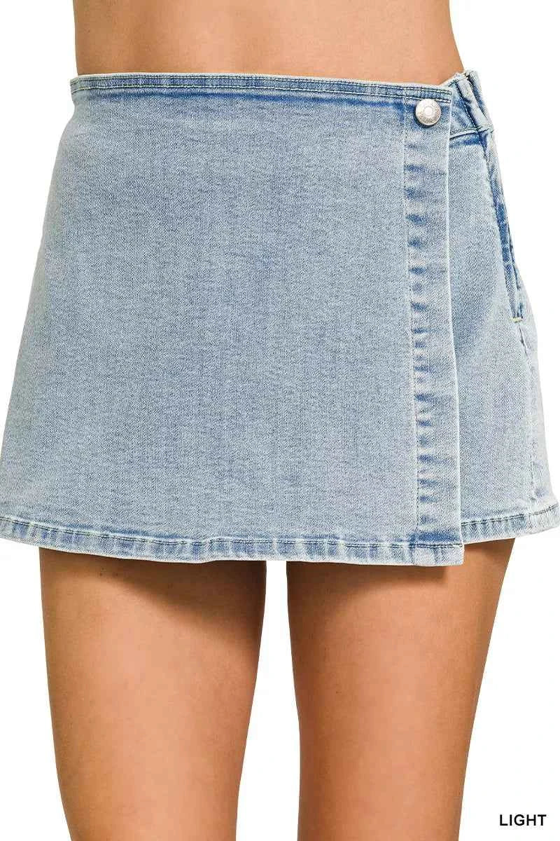 Light Wash Denim Wrap Skort with Button Detail by Zenana