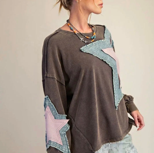 E10 Easel Long Sleeve Star Denim Patch Mineral Wash Top