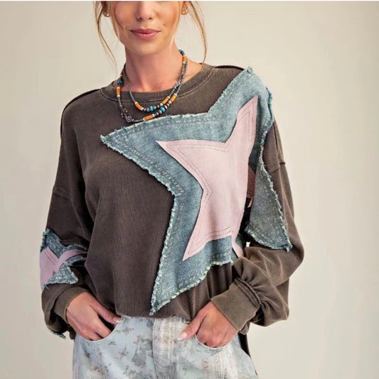 E10 Easel Long Sleeve Star Denim Patch Mineral Wash Top