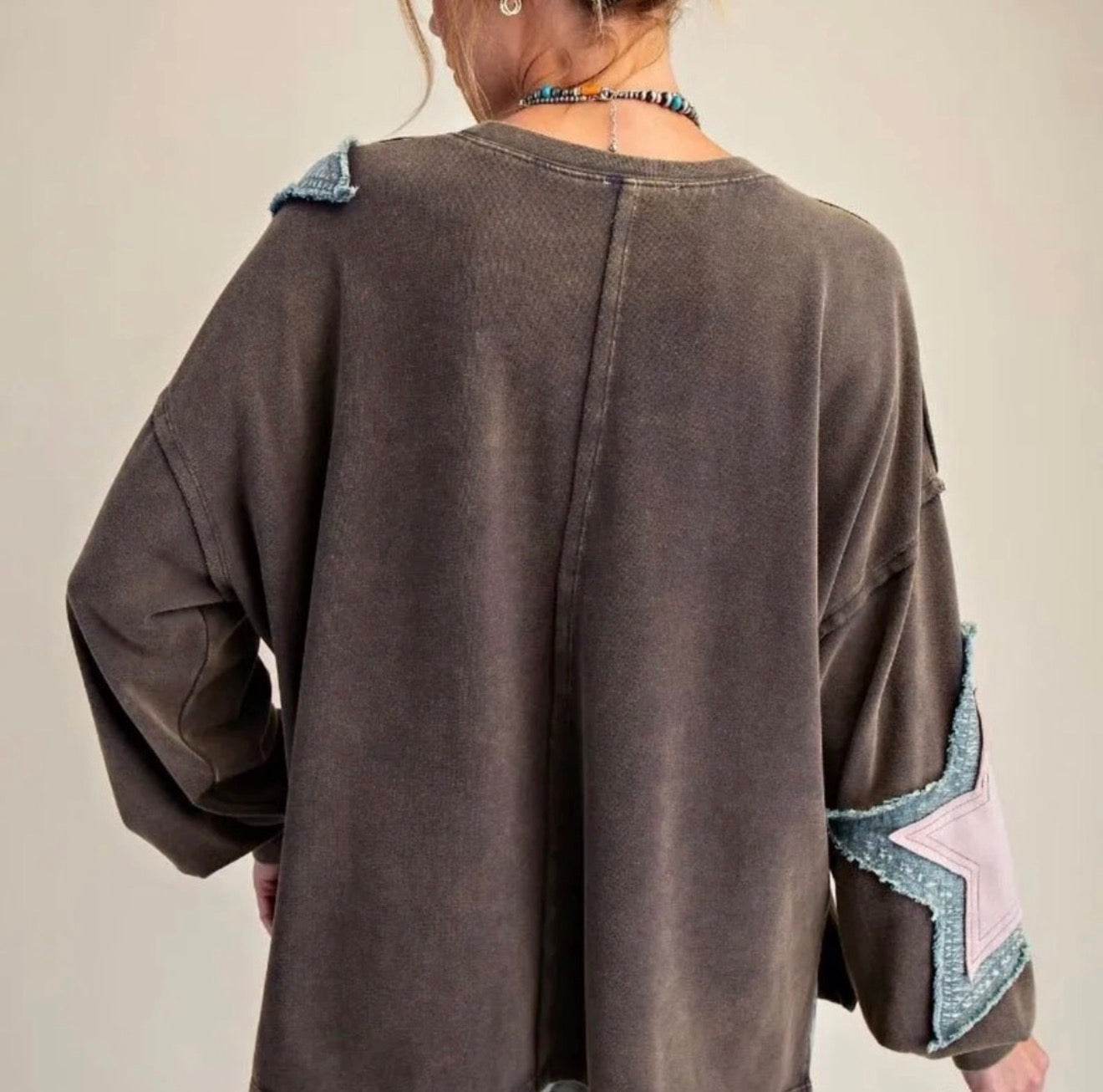 E10 Easel Long Sleeve Star Denim Patch Mineral Wash Top