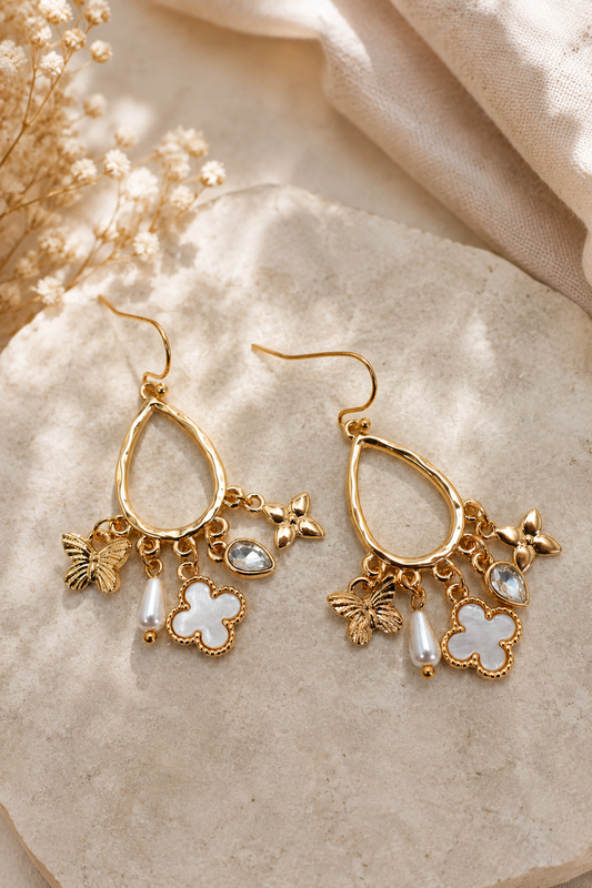 Gold Multi-Charm Clover Teardrop Earrings by Josslyn