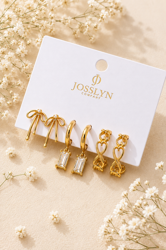 Gold Bow, Crystal Baguette & Butterfly Trio Earring Set by Josslyn