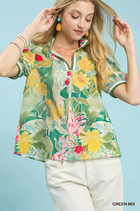 Green Mix Floral Jacquard Bloomscape Print Top by Umgee