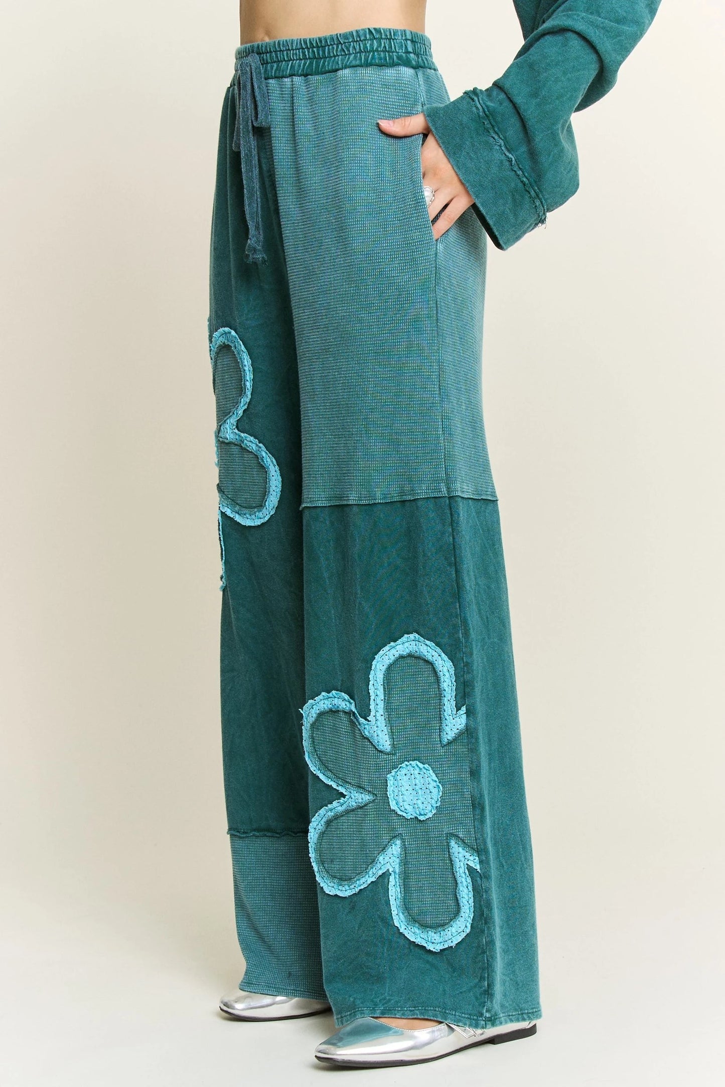 J3 J Her Teal Mineral Washed Flower Patch Pants