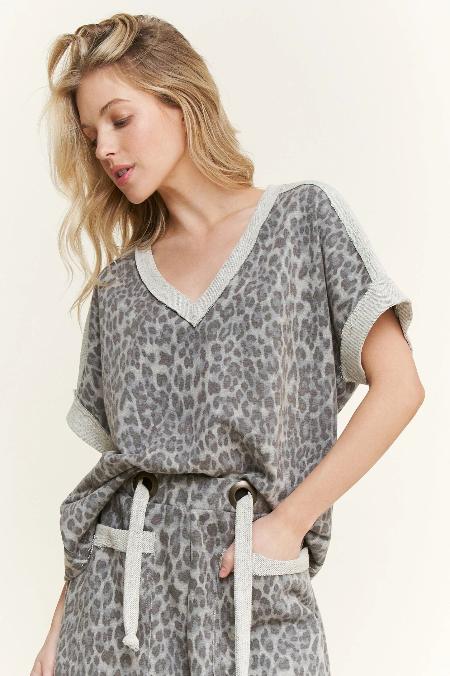 J7 J Her Plus Size Mineral Washed Cheetah Print V-Neck Shirt