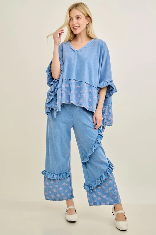 J9 J. Her Denim Blue Polka Dot Ruffle Pants and Poncho Top Set