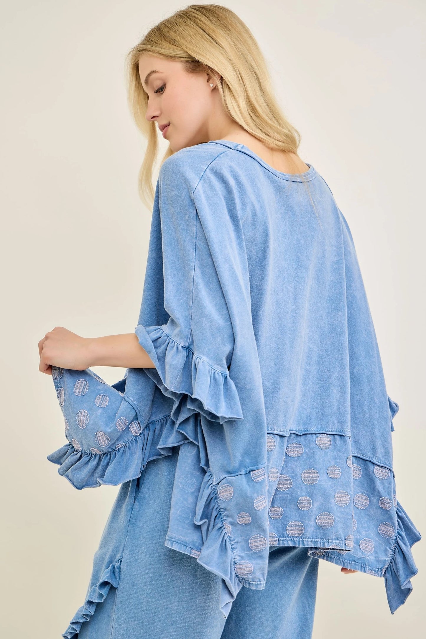 J9 J. Her Denim Blue Polka Dot Ruffle Pants and Poncho Top Set