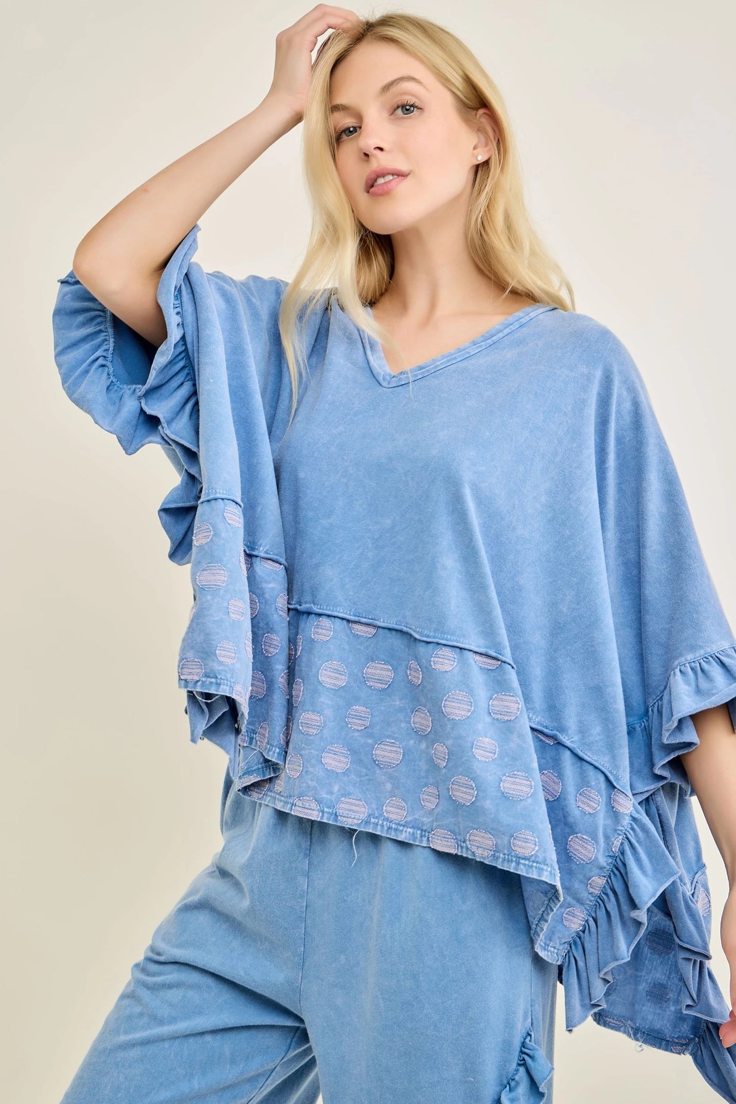 J9 J. Her Denim Blue Polka Dot Ruffle Pants and Poncho Top Set
