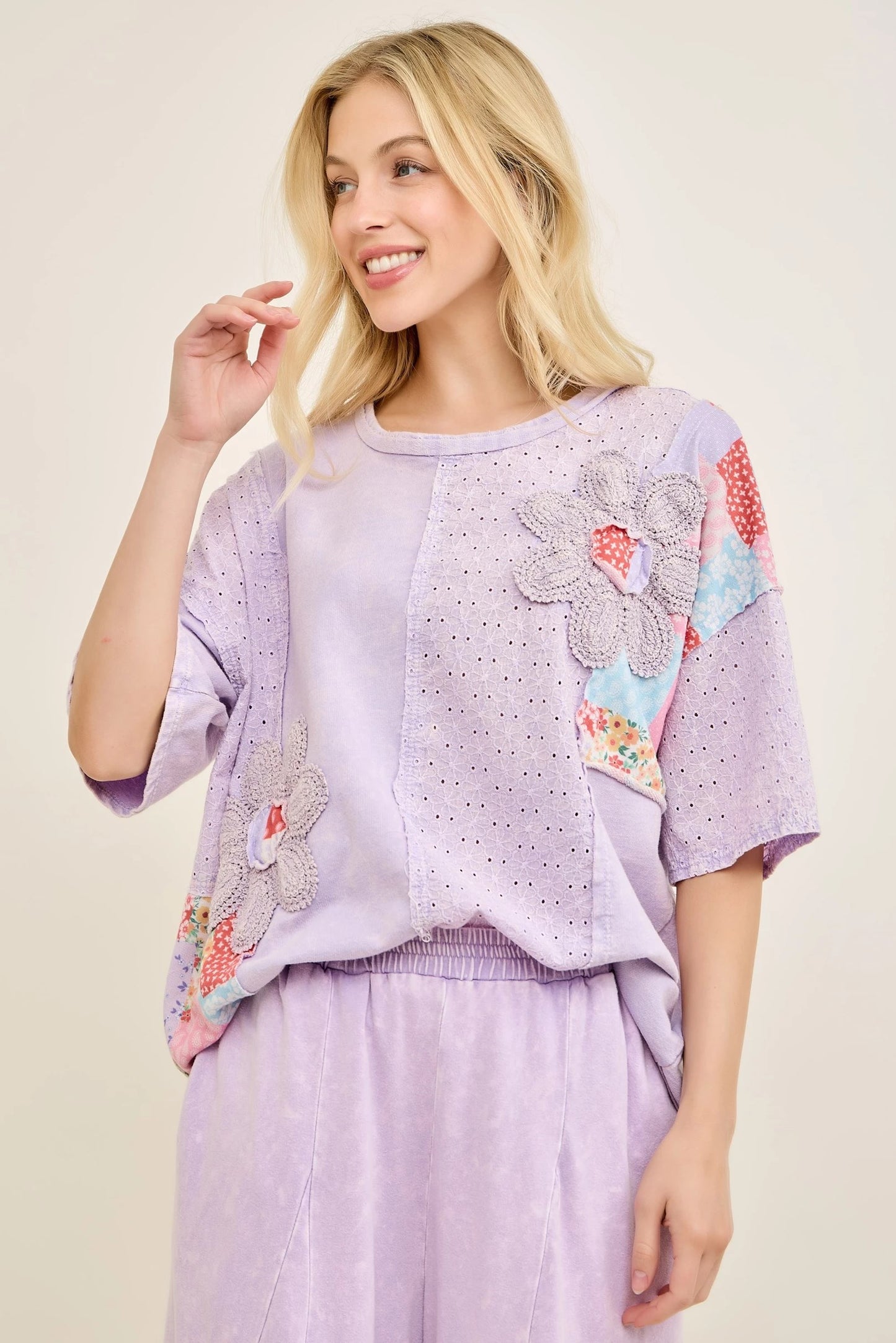 J6 J Her Plus Size Lavender Patchwork Bloom Top