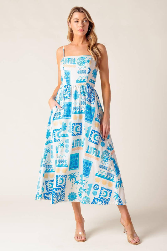 FLOWER GIRL BLUE WOVEN MIDI DRESS