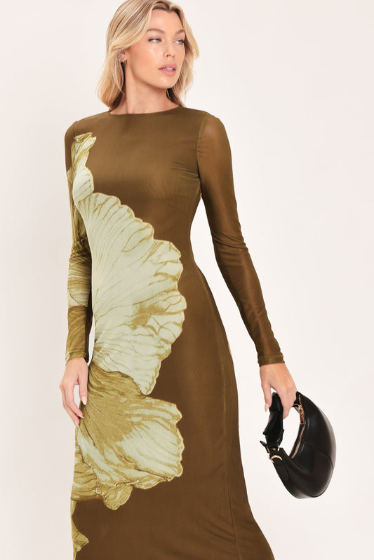 BROWN BLOSSOM CONTOUR POWER MESH MIDI DRESS