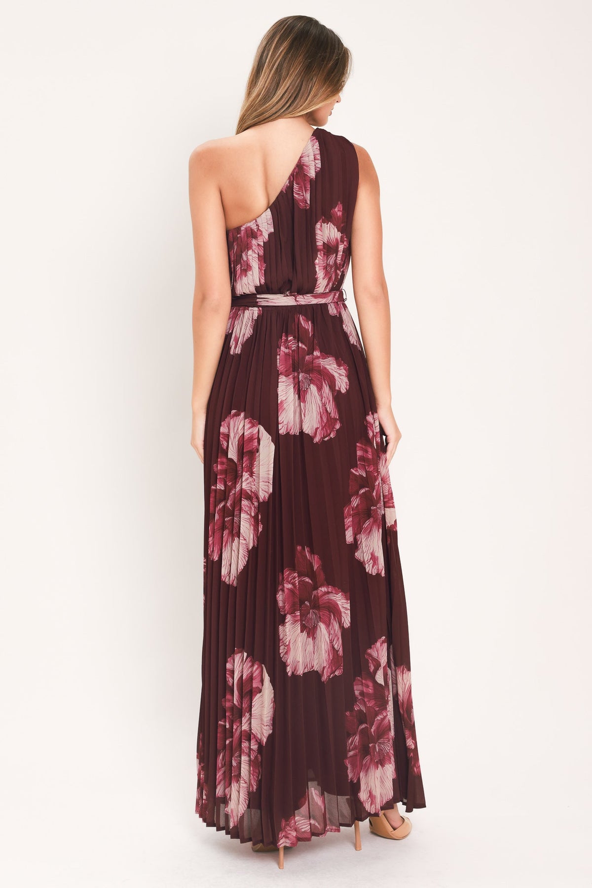 CRIMSON AFFAIR BURGUNDY PLEATED ONE-SHOULDER MAXI DRESS