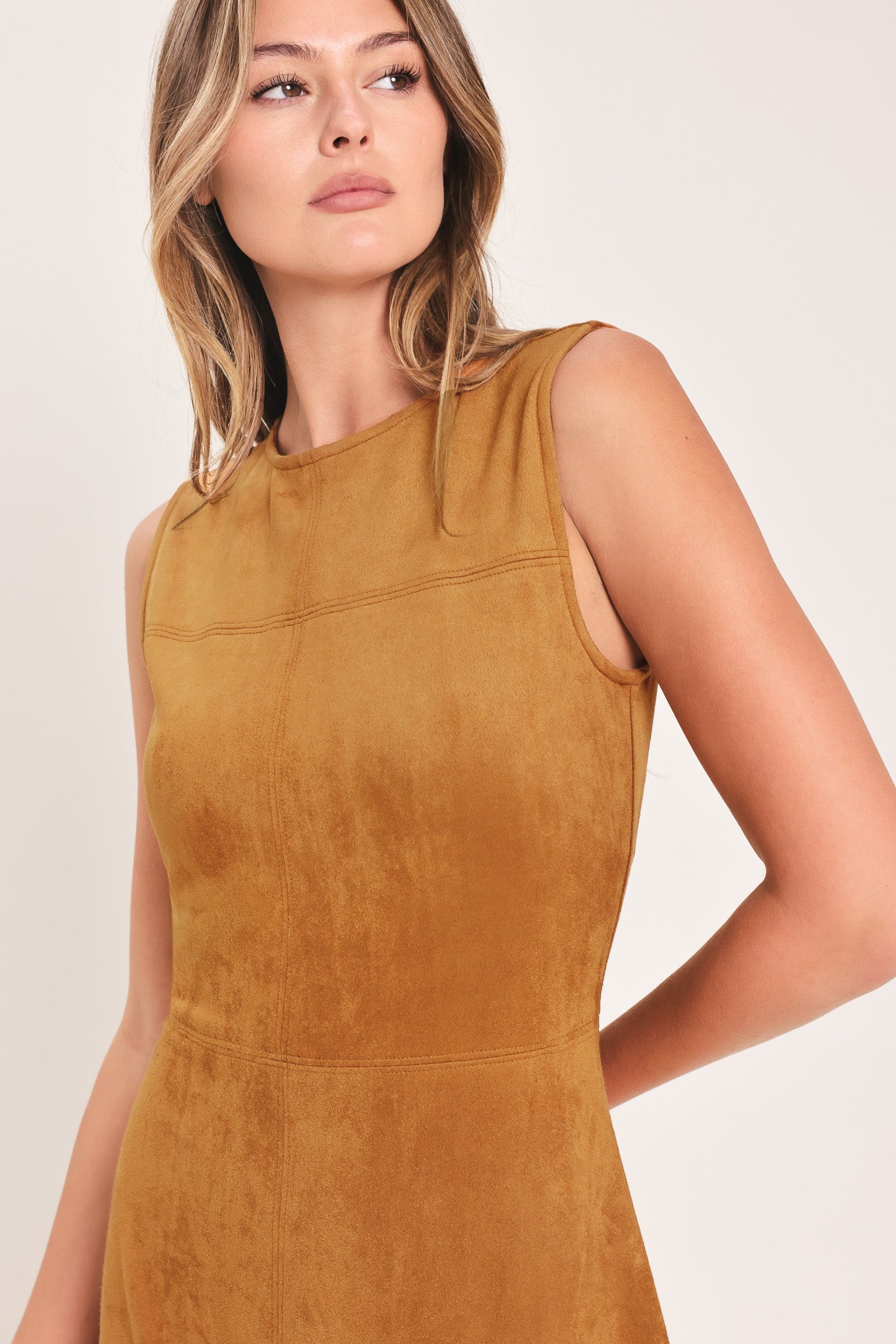 HARVEST MOON CAMEL FAUX SUEDE FIT & FLARE MIDI DRESS