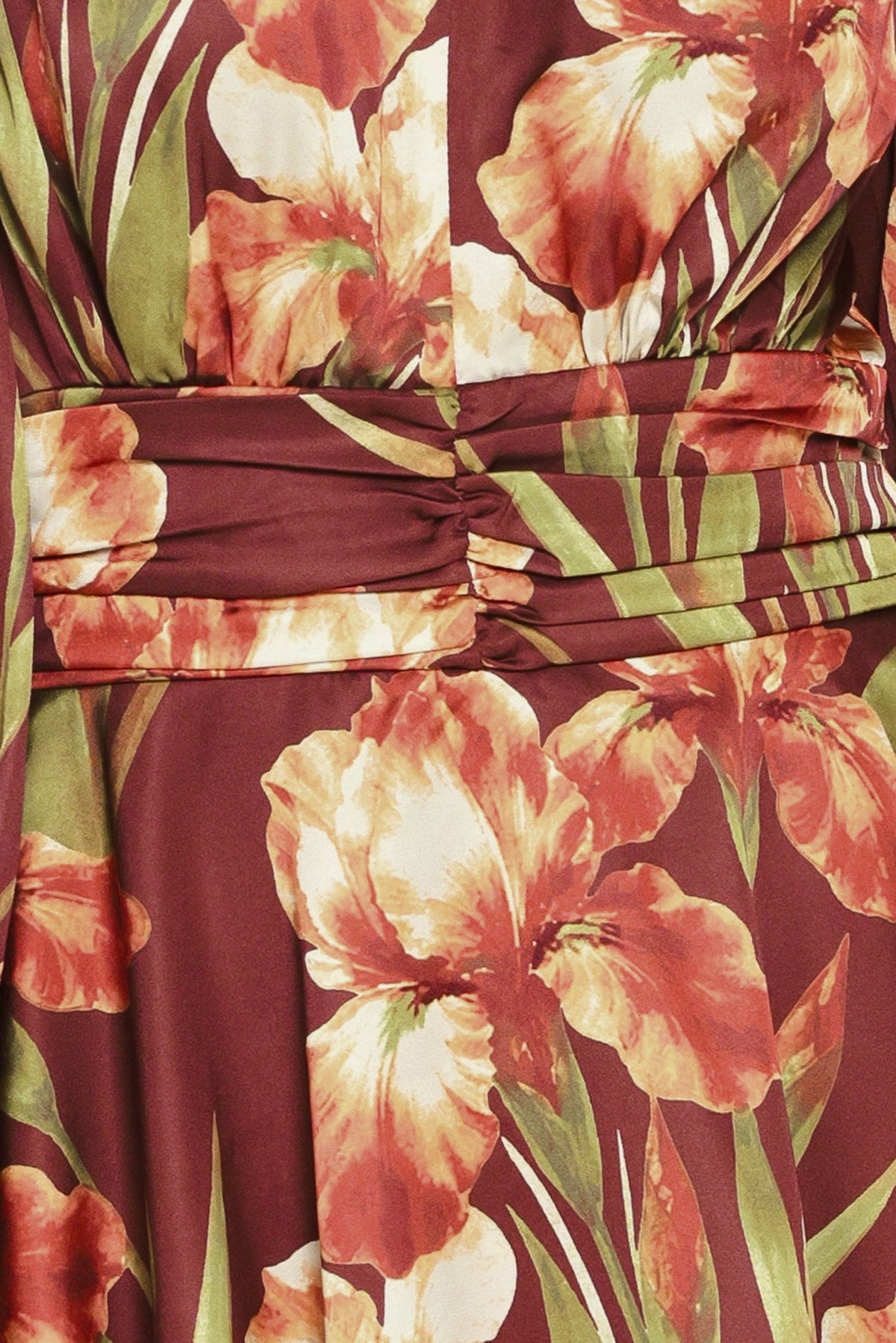 BURGUNDY CRUSH PRINTED RUCHED-WAIST TIERED MINI DRESS